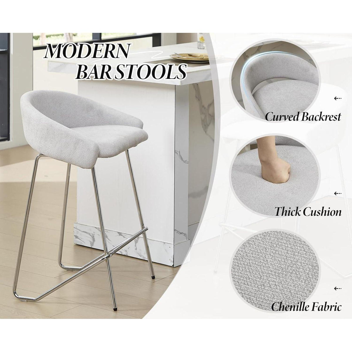 Moderner Barhocker Set Grau - Chenille Barstuhl mit Metallgestell