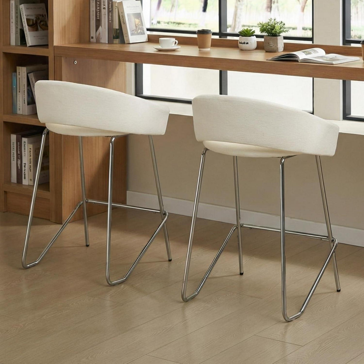 Moderner Barhocker 2er Set mit Chenille-Polsterung, Weiß