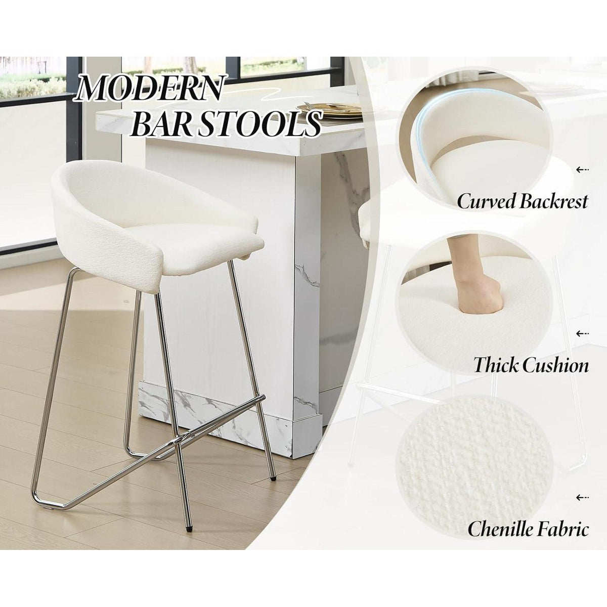 Moderner Barhocker 2er Set mit Chenille-Polsterung, Weiß