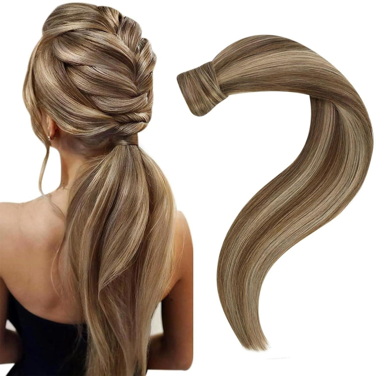 Echthaar Zopf Extension Mittelbraun mit Highlights