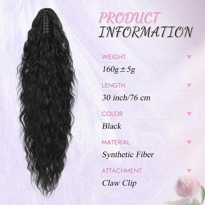 Wellig lockiger Pferdeschwanz mit Klammer – 76 cm, Schwarz