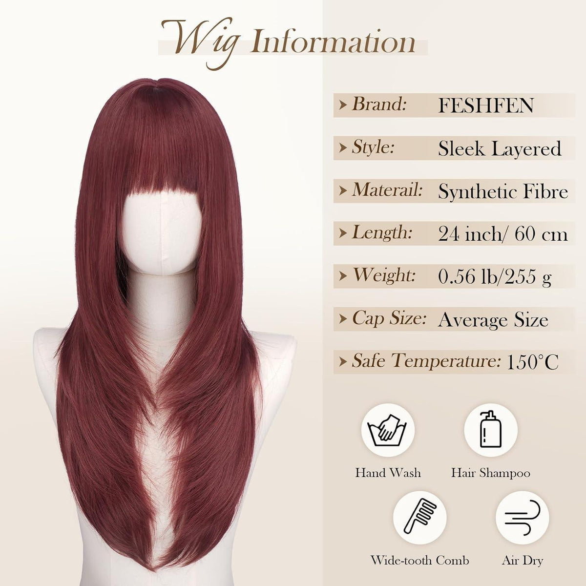 Burgunderrote Layer-Perücke mit Pony, 60cm – Synthetisch & Vielseitig