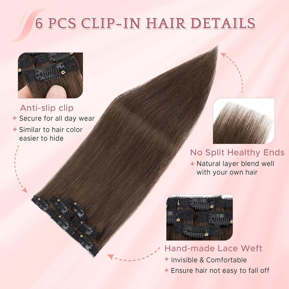 Echthaar Clip-Ins Dunkelbraun #2R, 25cm