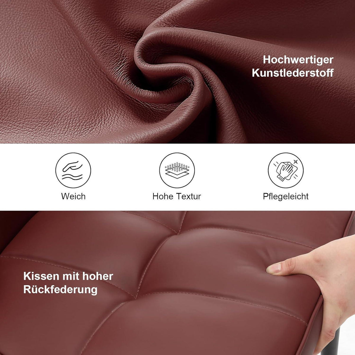 Esszimmerstühle Set 2x, Burgunderrot, Bequem & Stabil in Lederoptik