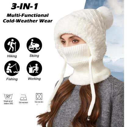 Winter Mütze Damen mit Schal & Gesichtsmaske – Warme Beanie mit Fleece