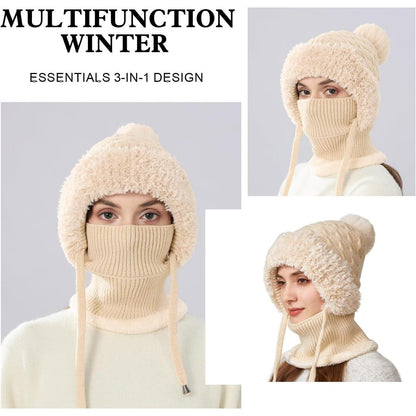 Winter Mütze Damen mit Schal & Gesichtsmaske – Warme Beanie mit Fleece