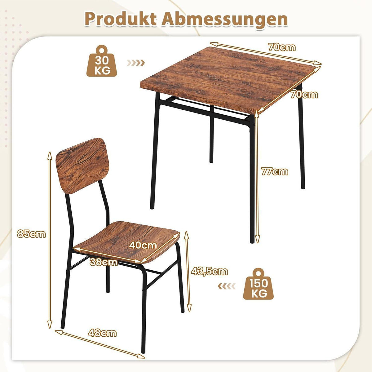 Esstisch Set für 2 Personen mit Stühlen & Ablage