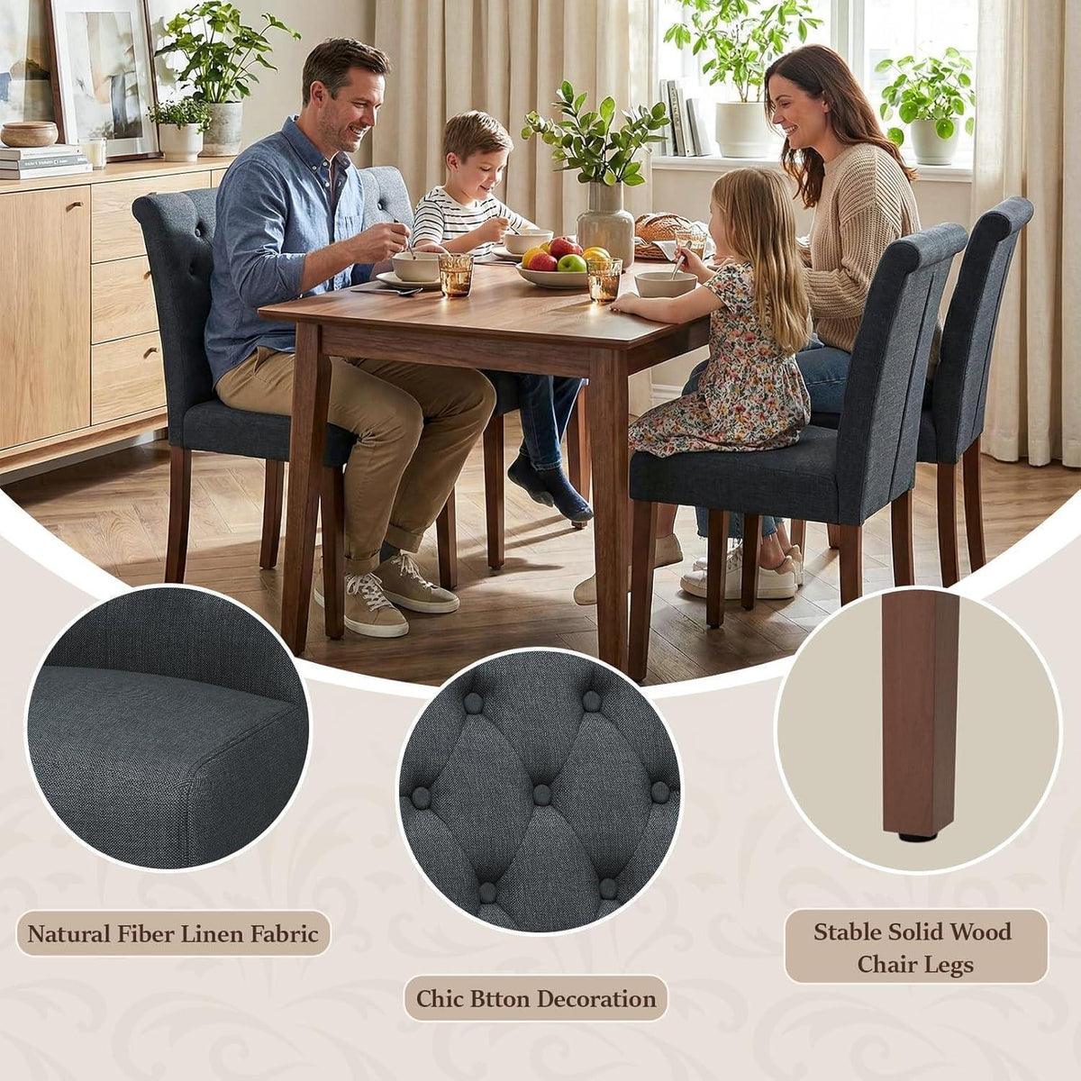 Gepolsterte Esszimmerstühle 6er Set, Dunkelgrau, Chesterfield Stil
