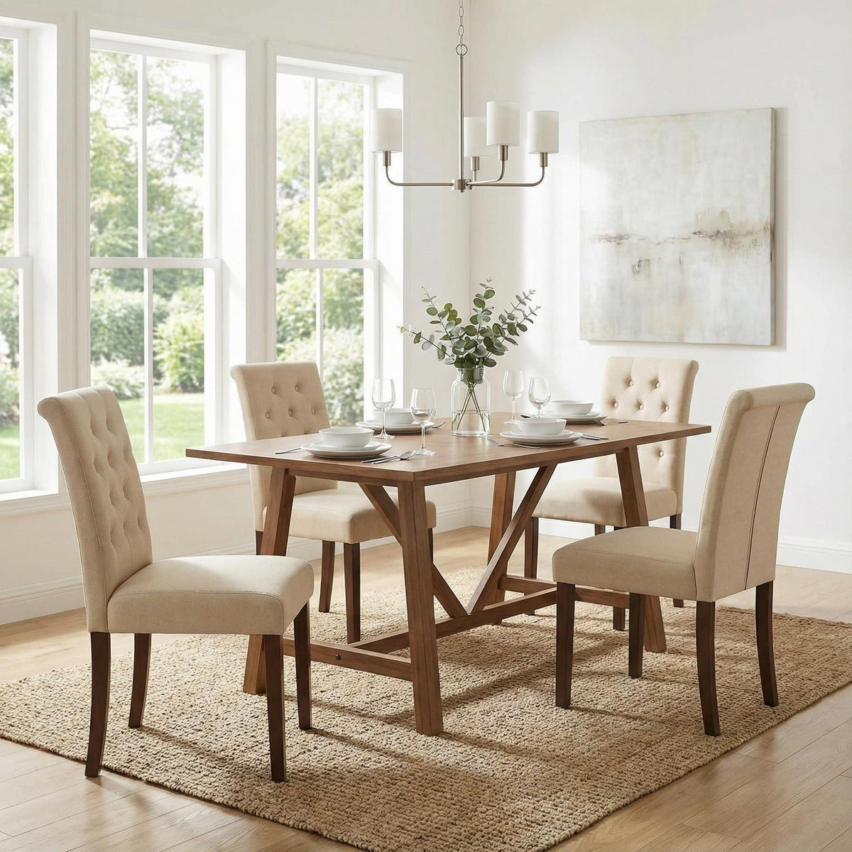 Gepolsterte Esszimmerstühle im Chesterfield Stil (4er Set, Beige)