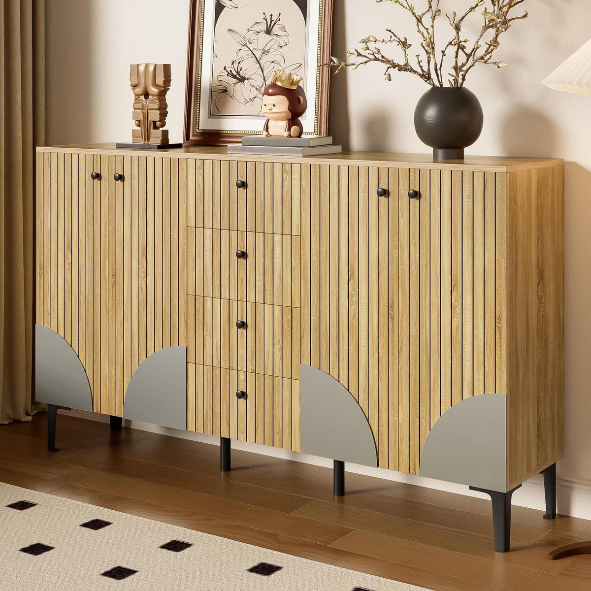 Moderner Holzschrank mit 4 Türen & Schubladen – Sideboard für Wohnzimmer