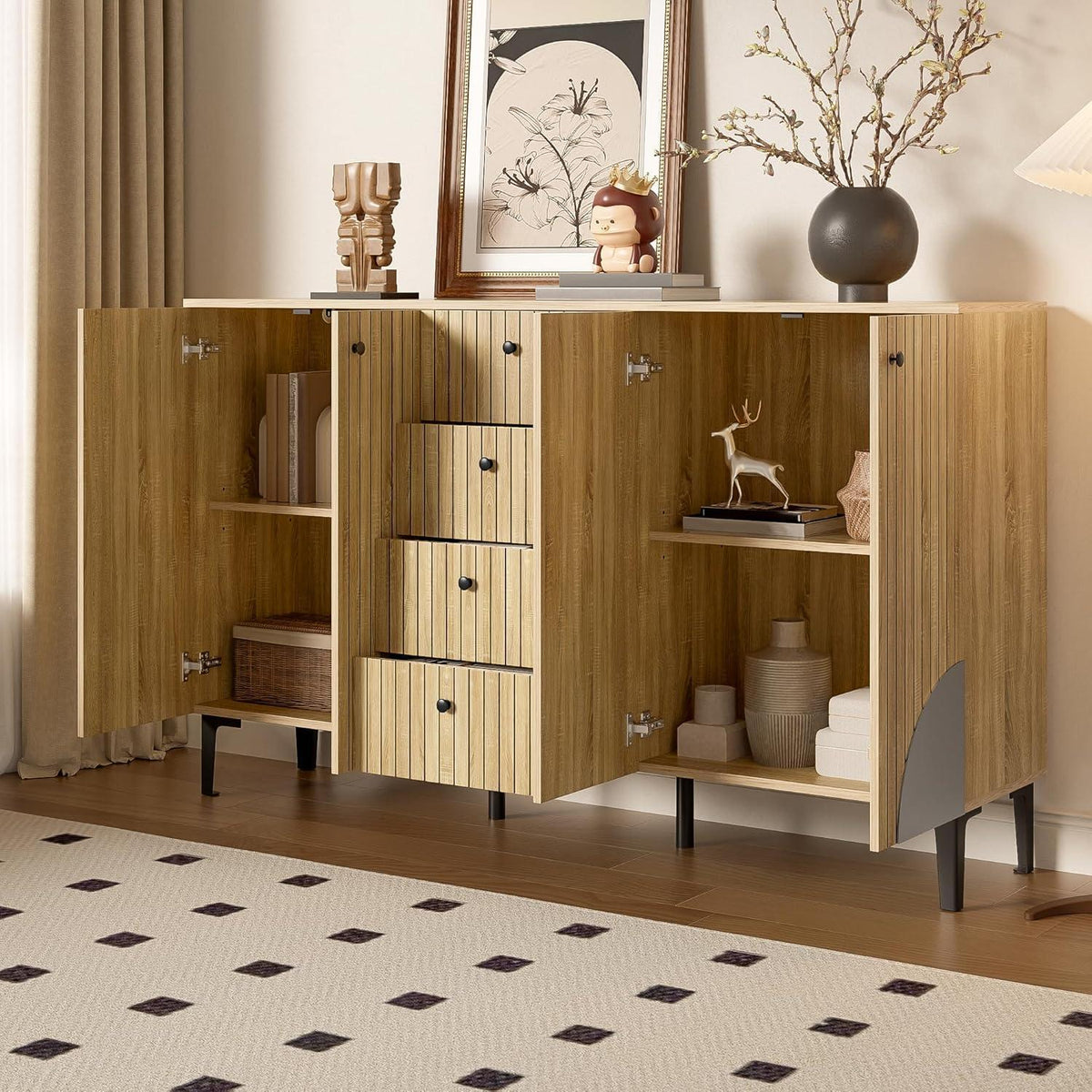 Moderner Holzschrank mit 4 Türen & Schubladen – Sideboard für Wohnzimmer