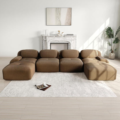 U-förmiges Cord Sofa (4-Sitzer + 2 Hocker) Braun