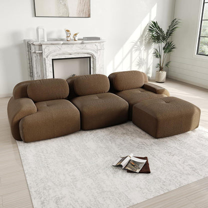 L-Form Sofa Cord Stoff Braun (3-Sitzer + Hocker) für Wohnzimmer