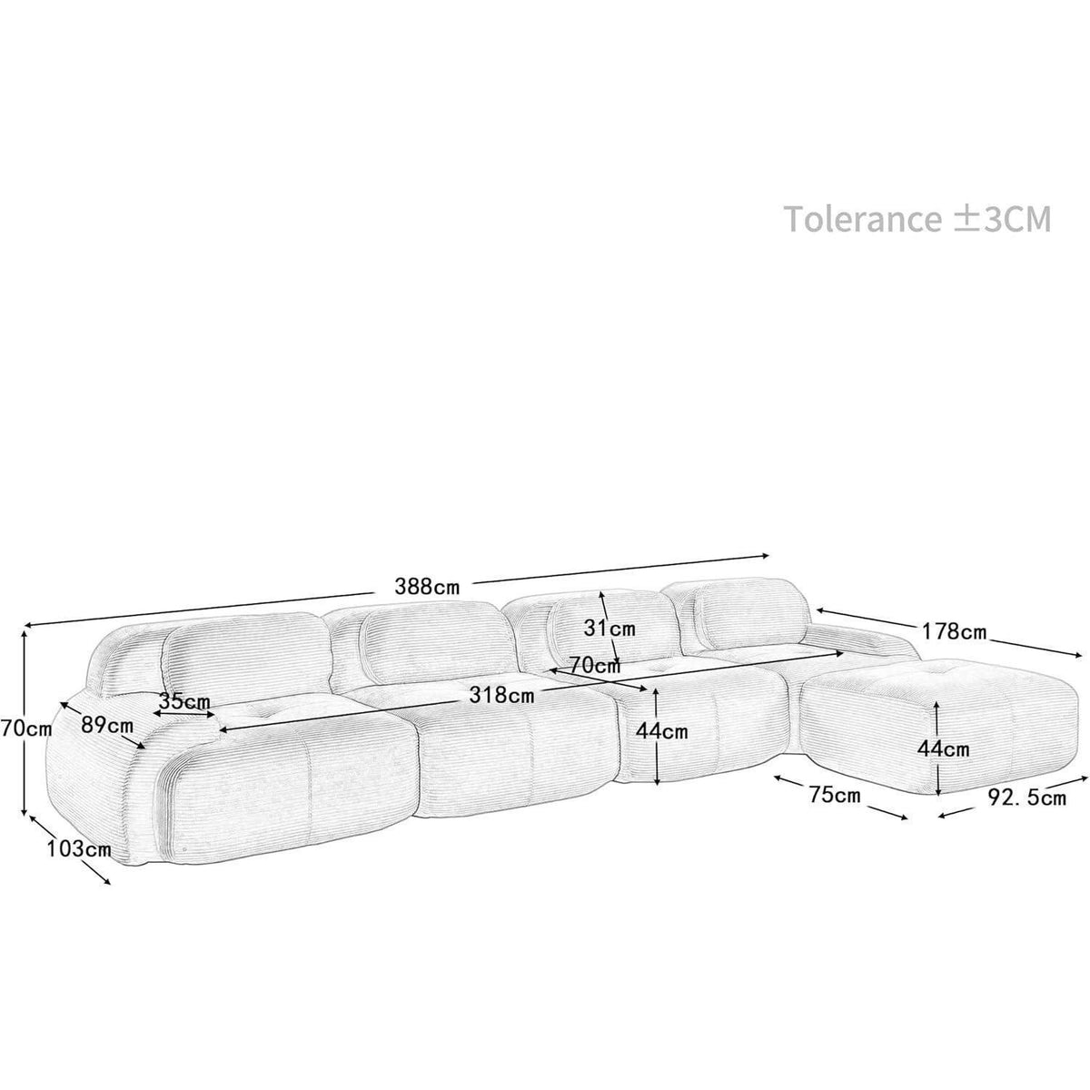 L-förmiges Sofa Cord Stoff Braun (4-Sitzer + Hocker) für Wohnzimmer