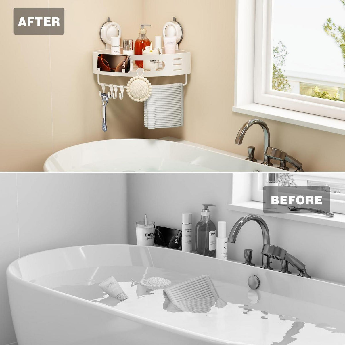 Duschablage Eckregal ohne Bohren mit Handtuchhalter Weiß