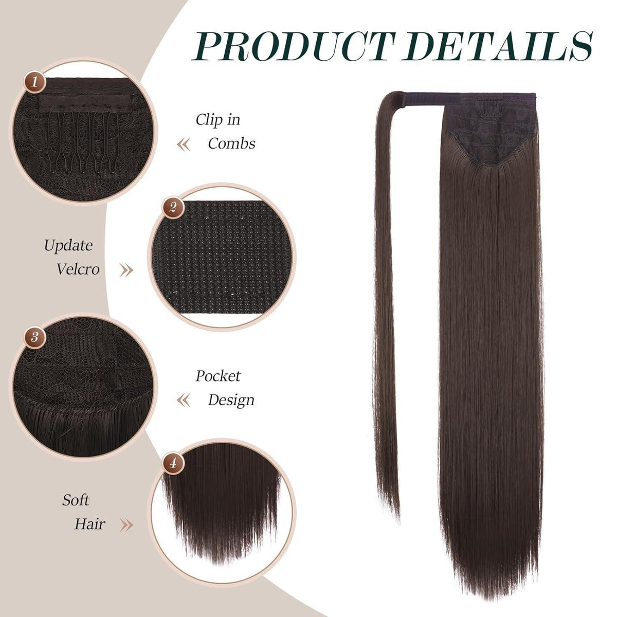 Langer glatter Pferdeschwanz Zopf Haarverlängerung Braun 70cm