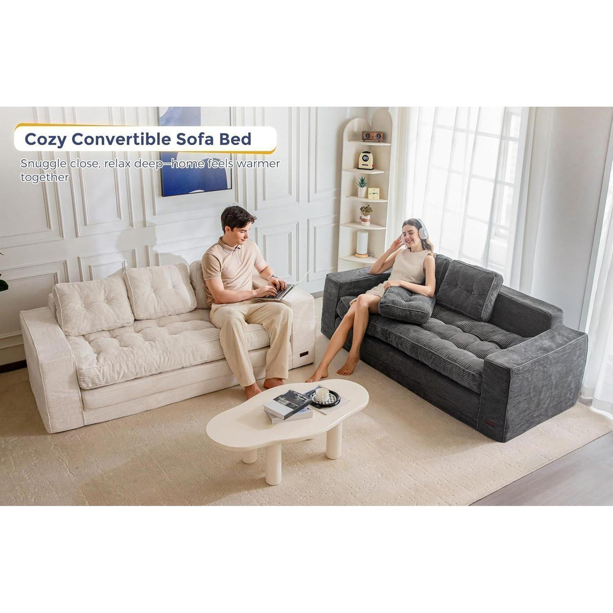 Klappsofa 190cm mit Schlaffunktion & Kissen – Off-White