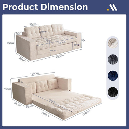 Klappsofa 190cm mit Schlaffunktion & Kissen – Off-White