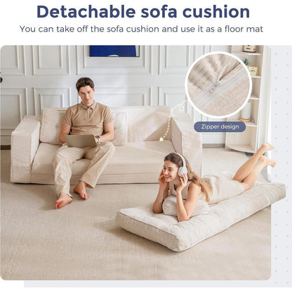 Klappsofa 190cm mit Schlaffunktion & Kissen – Off-White