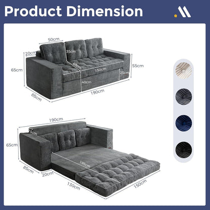 Klappsofa mit Schlaffunktion – Dunkelgrau, 190cm Breit