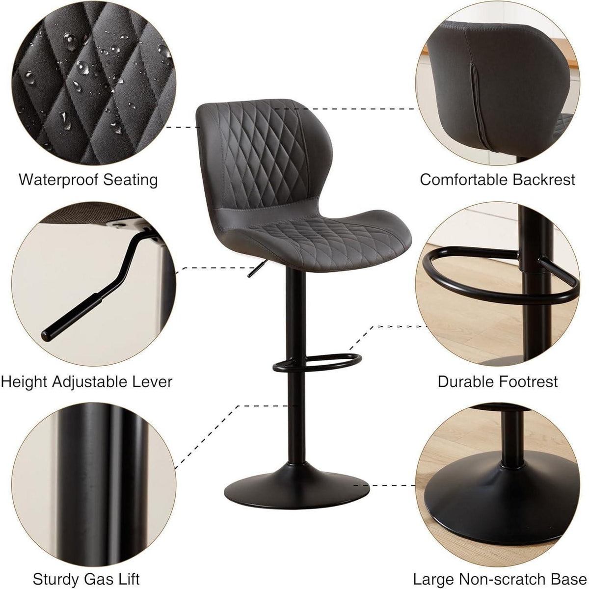 Barhocker mit Lehne, höhenverstellbar, dunkelgrau (2er Set)