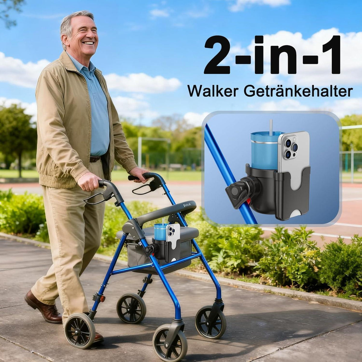2-in-1 Getränkehalter für Rollator, Kinderwagen & mehr