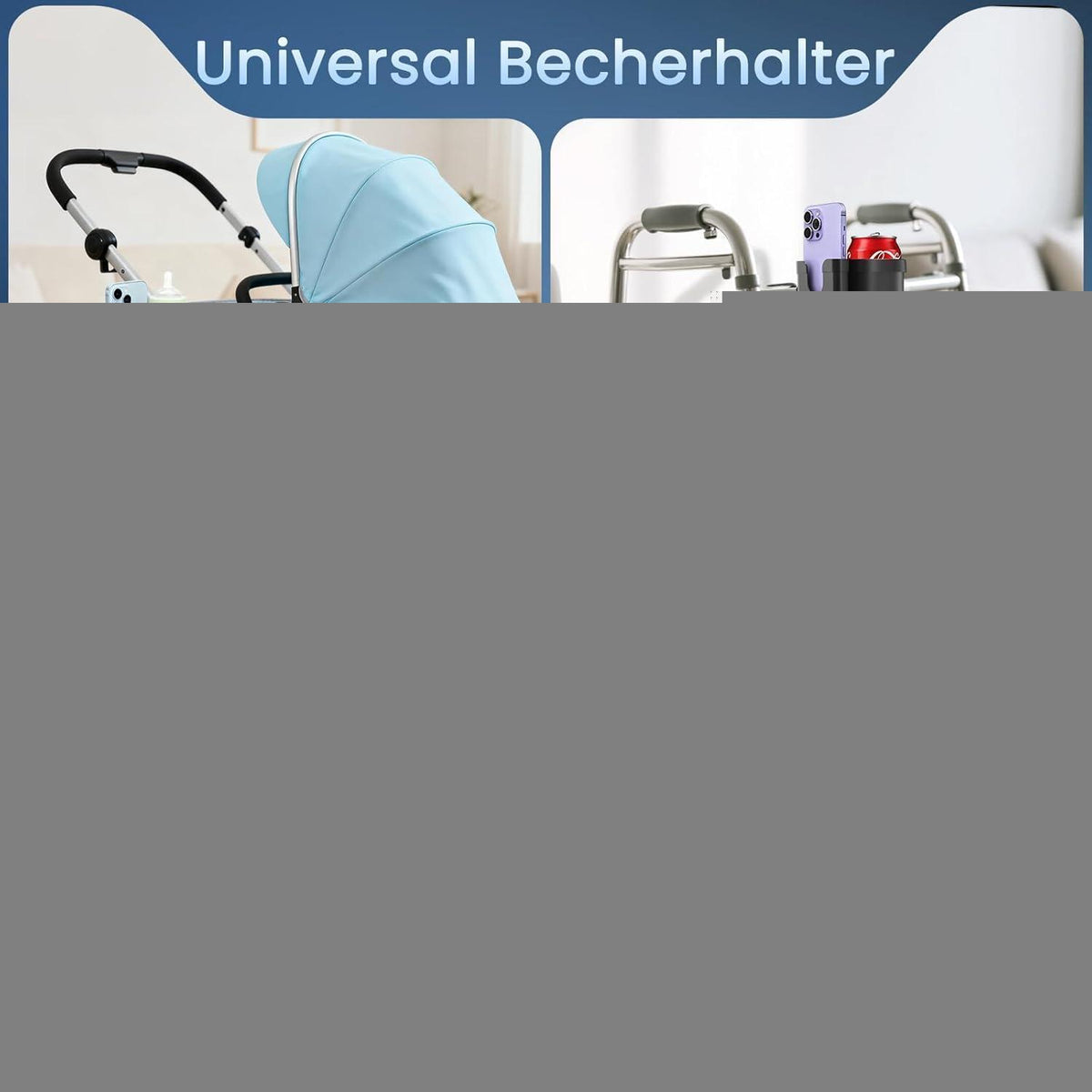 2-in-1 Getränkehalter für Rollator, Kinderwagen & mehr