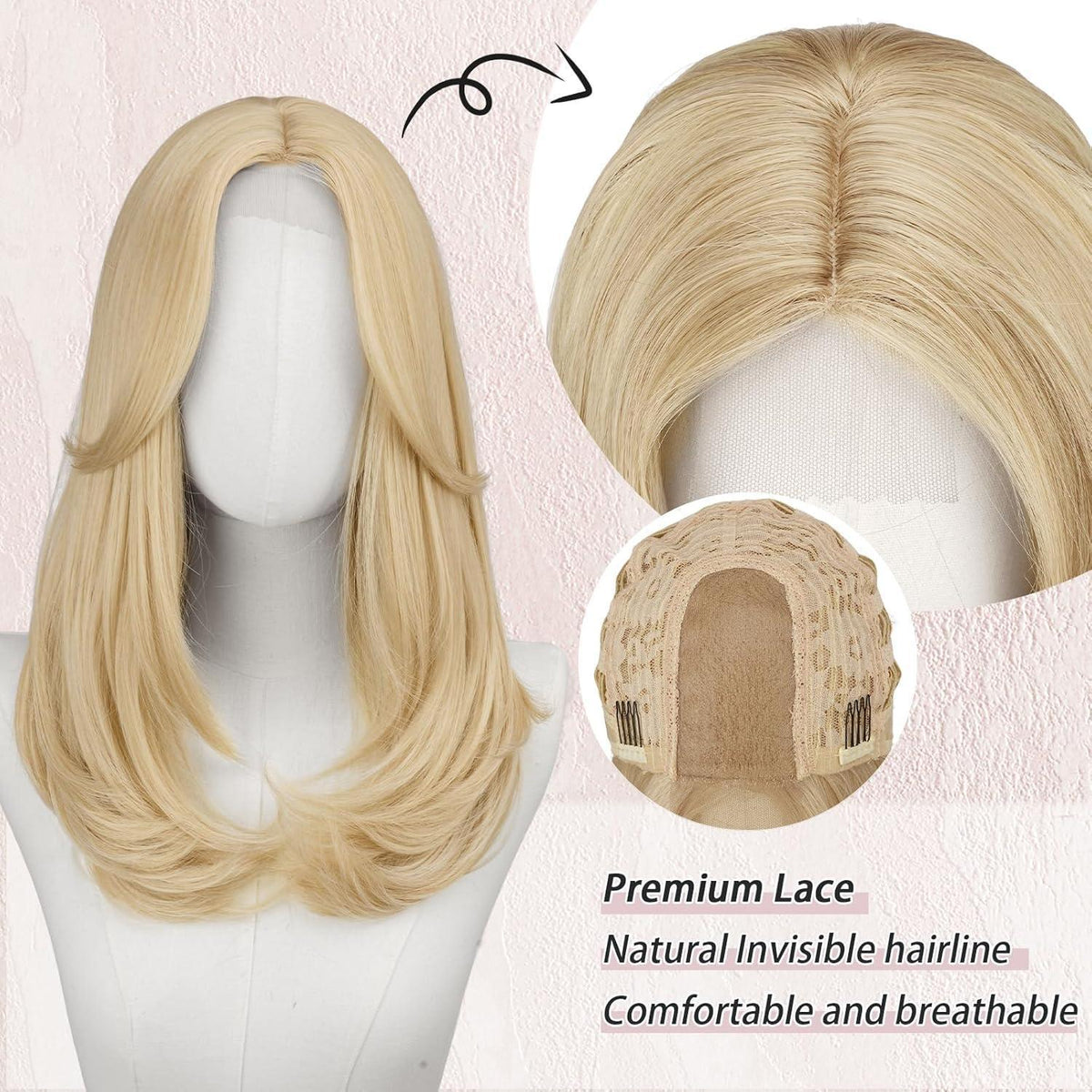 Hellblond Lace Front Perücke mit Pony, 45cm Synthetik Haar