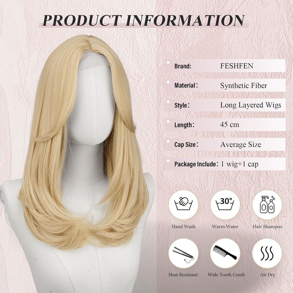 Hellblond Lace Front Perücke mit Pony, 45cm Synthetik Haar