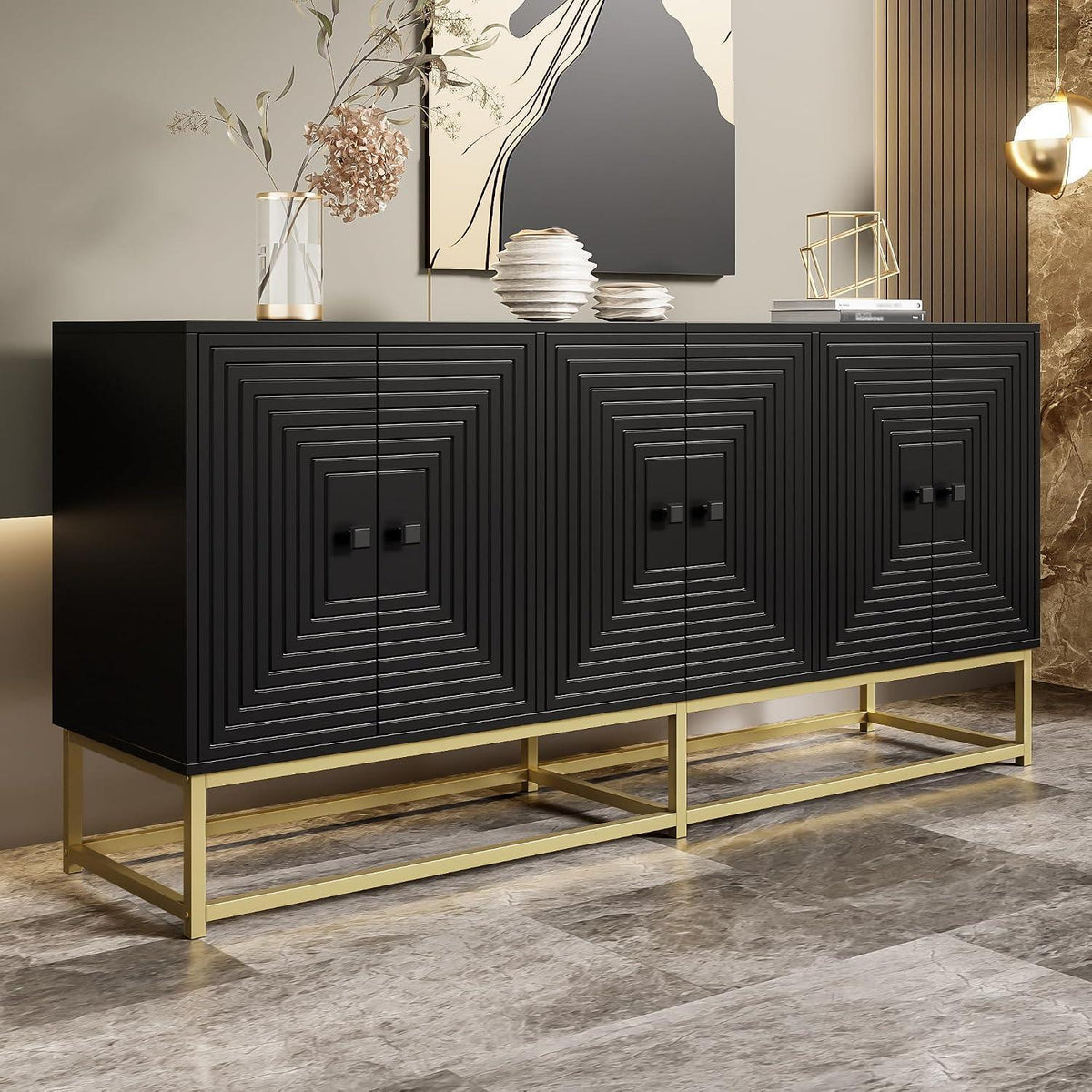 Sideboard Schrank Schwarz mit 3 Türen & Goldbeinen, 160cm