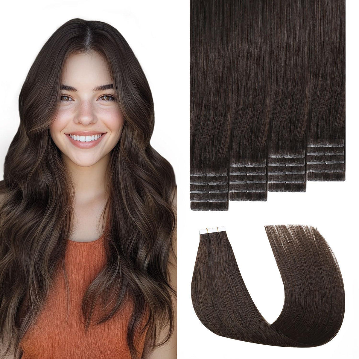 Remy Echthaar Tape Extensions #2 Dunkelbraun 40cm