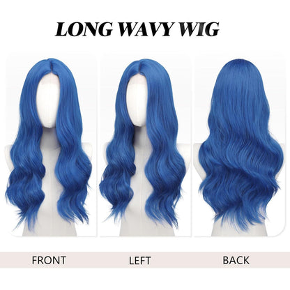 Lange gewellte blaue Perücke mit Spitze | 60cm Synthetik Perücke für Party & Cosplay