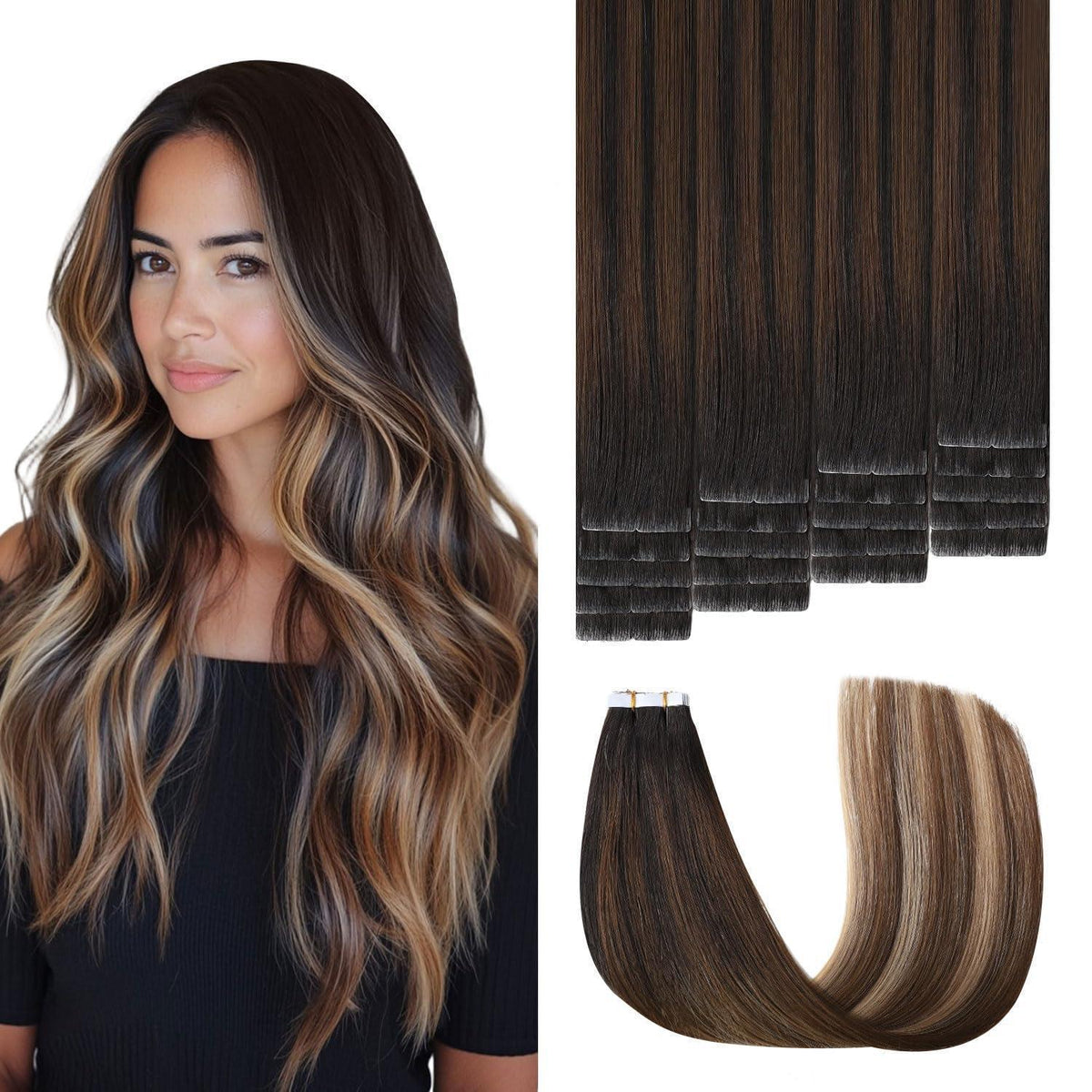 Echthaar Tape Extensions Schwarz Braun Karamellblond 55cm