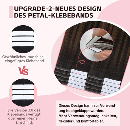 Echthaar Tape Extensions Schwarz Braun Karamellblond 55cm