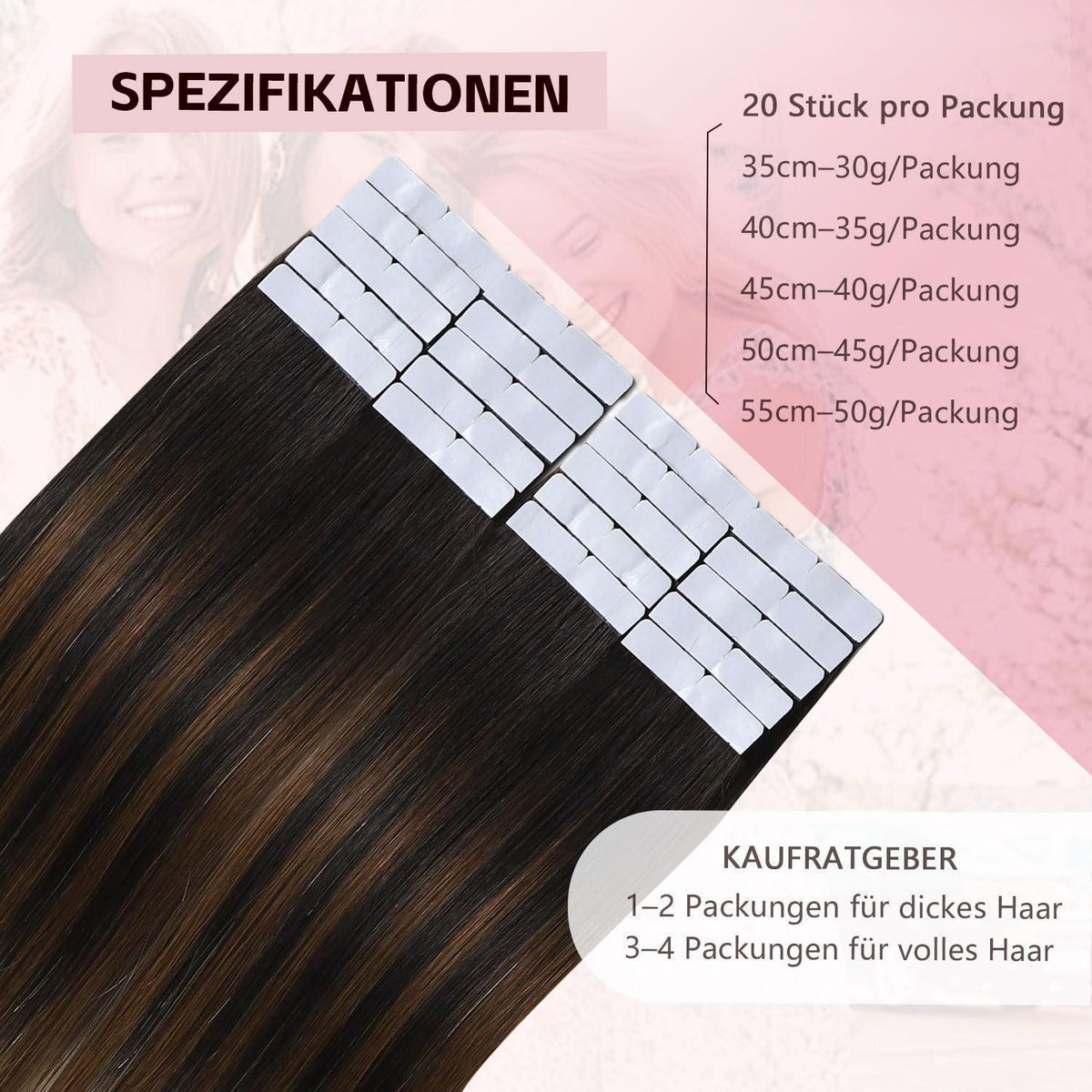 Echthaar Tape Extensions Schwarz Braun Karamellblond 55cm