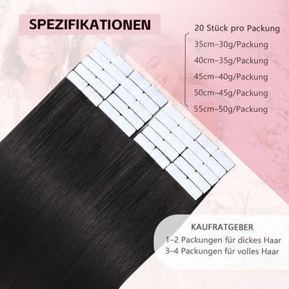Echthaar Tape-in Haarverlängerung 55cm #1B Schwarz