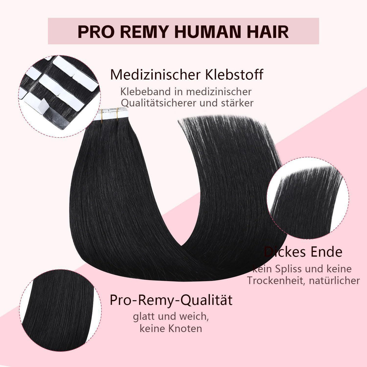 Echthaar Tape Extensions #1 Schwarz 50cm – Remy Menschenhaar