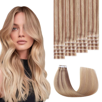 Echthaar Tape Extensions #10/27/27 Hellbraun mit Goldblond 55cm