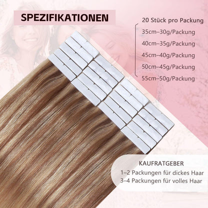 Echthaar Tape Extensions #10/27/27 Hellbraun mit Goldblond 55cm