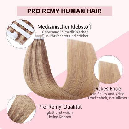 Remy Echthaar Tape Extensions #10/27/27 Hellbraun Goldblond 40cm