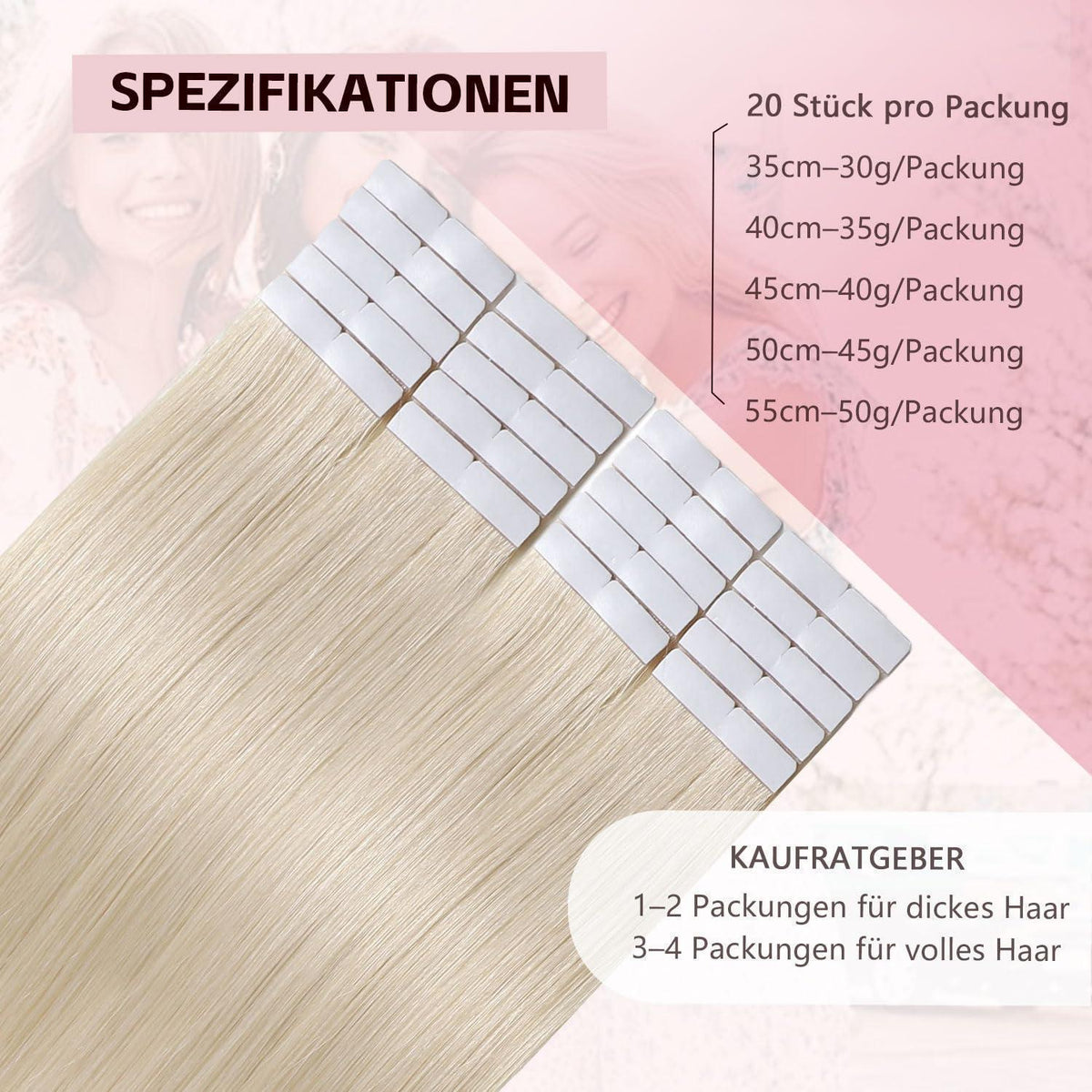 Echthaar Tape-in Haarverlängerung Platinblond 55cm (50g)