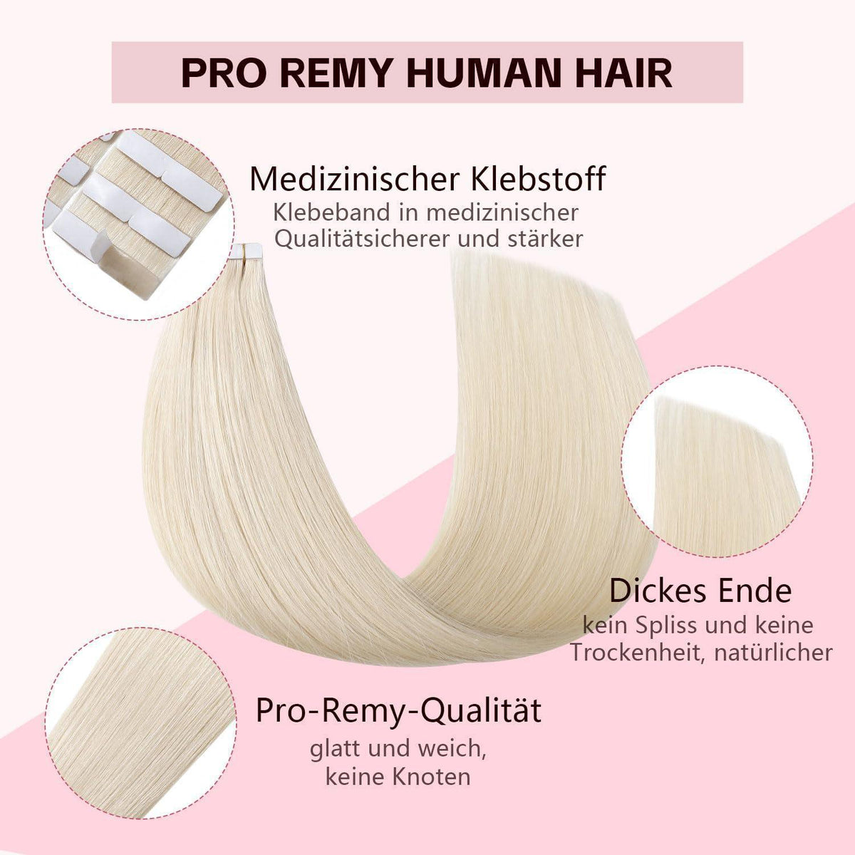Remy Tape-in Haarverlängerung #60 Platinblond 45cm Echthaar
