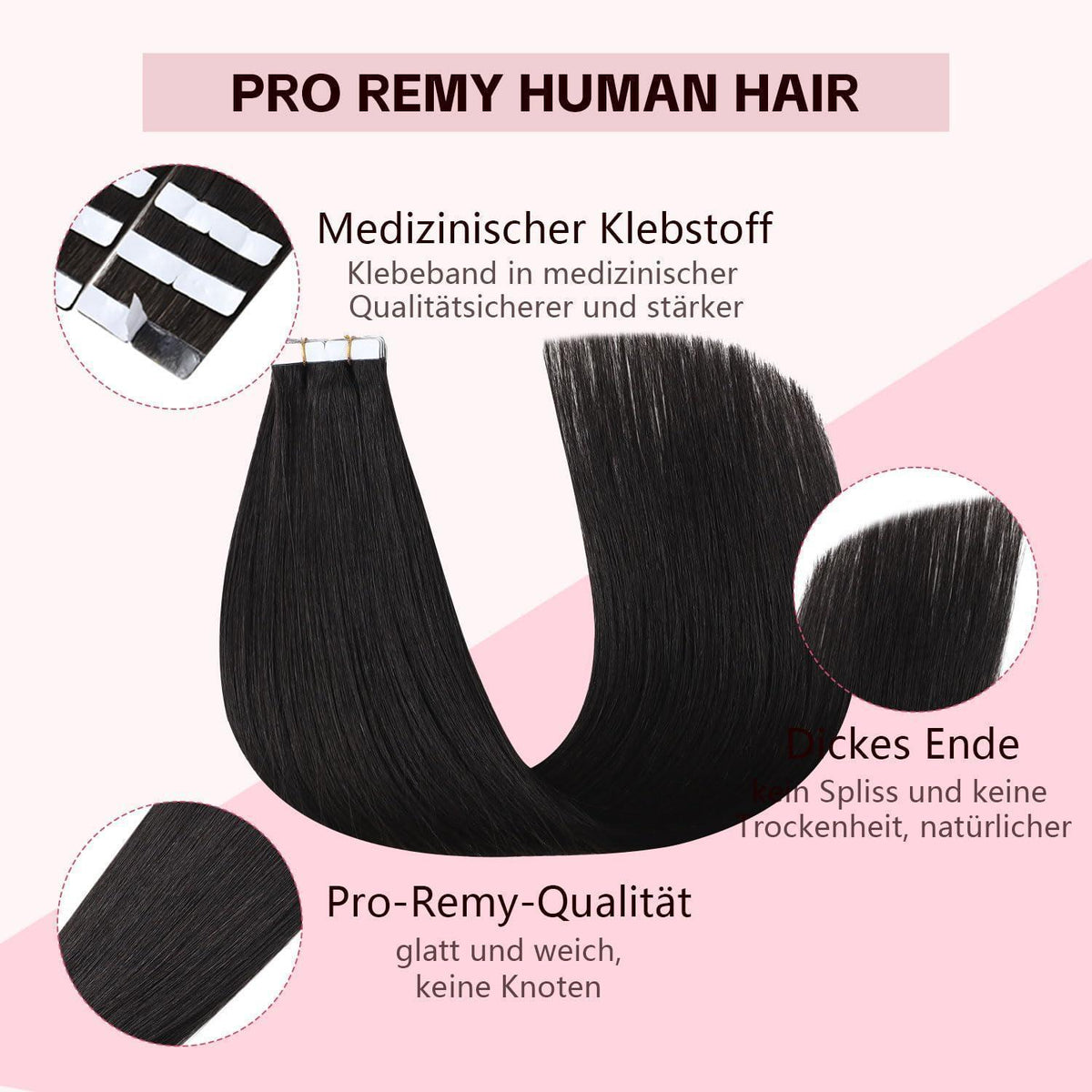 Echthaar Tape Extensions #1B Schwarz 50cm – Remy Menschenhaar