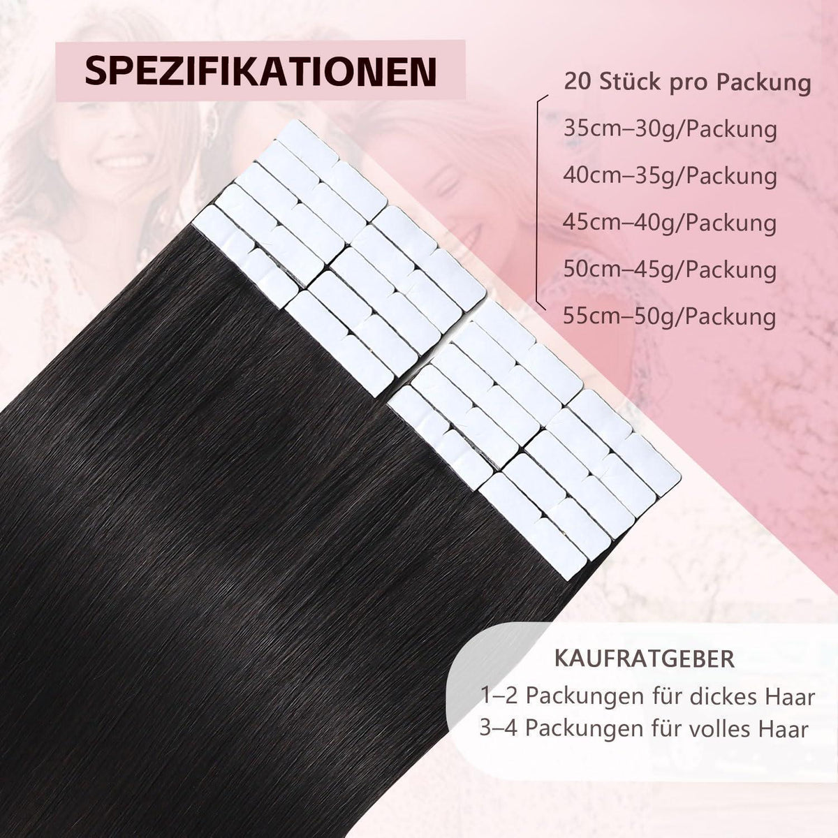 Echthaar Tape Extensions #1B Schwarz 50cm – Remy Menschenhaar