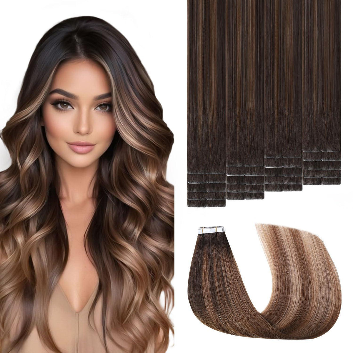 Echthaar Tape Extensions #2/6/18 Dunkelbraun bis Blond 50cm