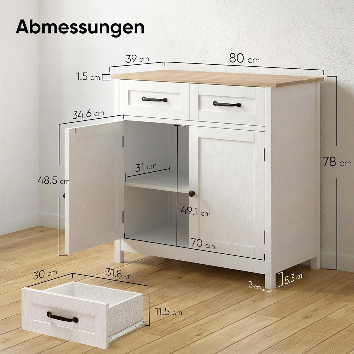Küchenschrank mit Arbeitsplatte – Braun, 2 Schubladen & 2 Türen