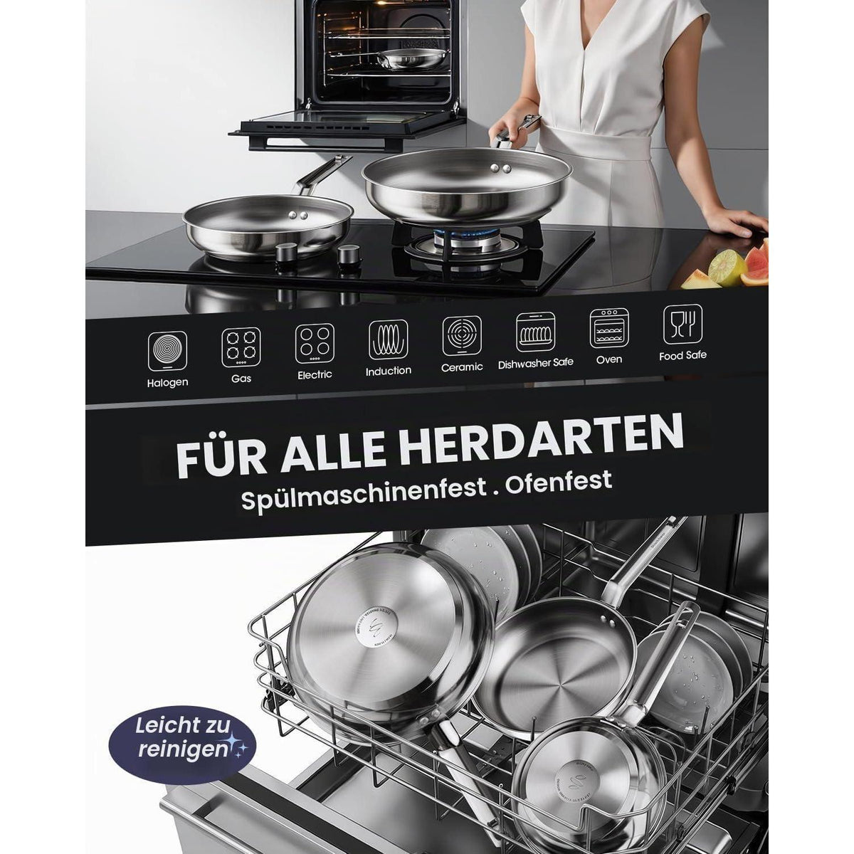 Edelstahl Pfannenset 4-teilig – Induktionsgeeignet & Stapelbar