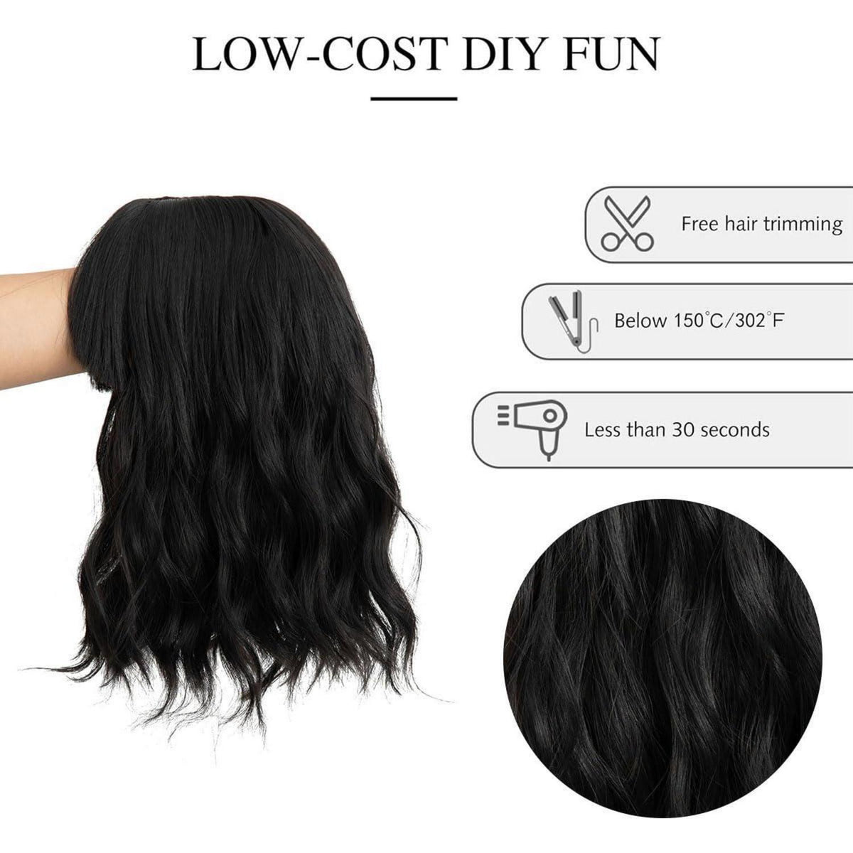 Schwarze Bob Perücke mit Pony – Lockig & Gewellt