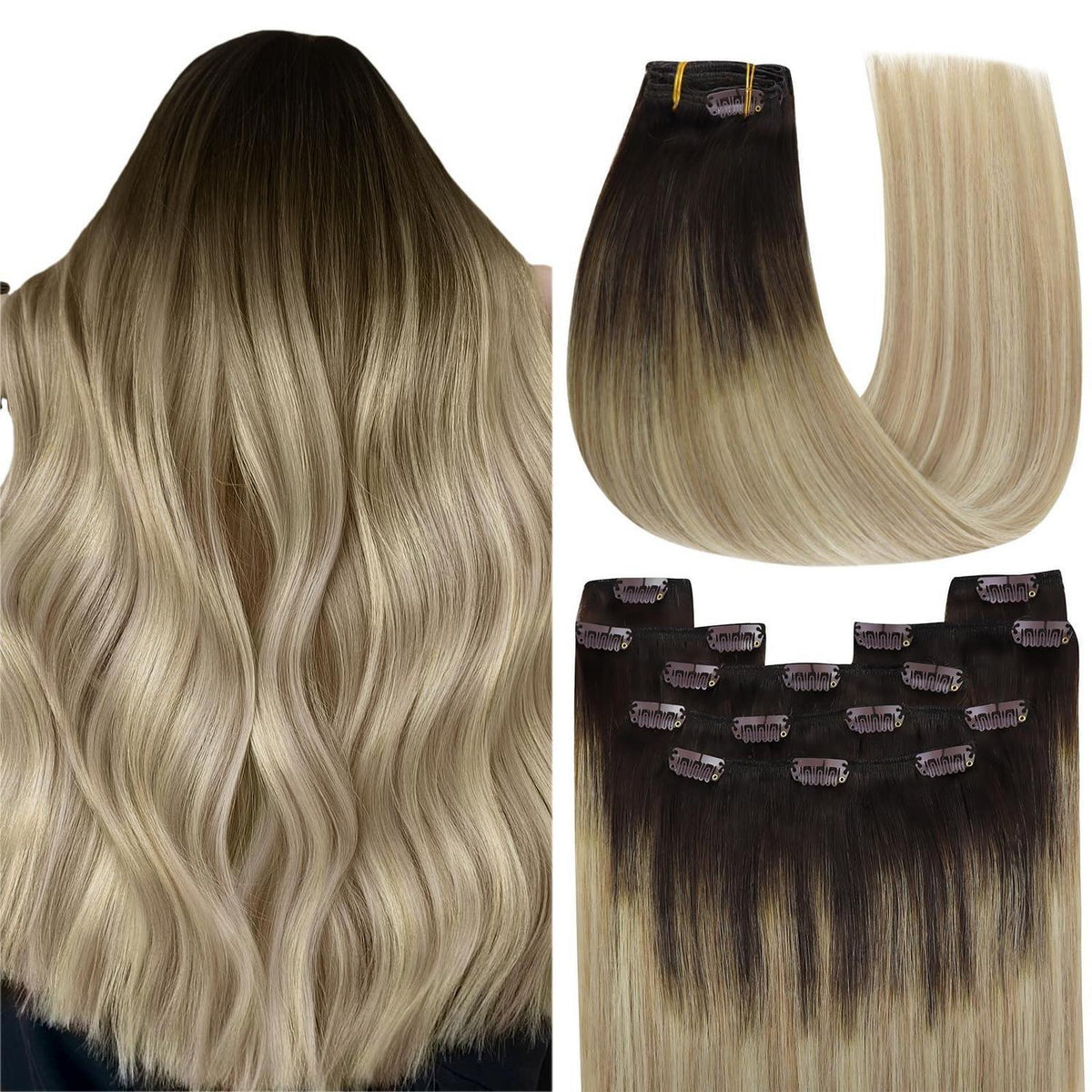 Clip-in Echthaar Extensions Braun Ombre Blond 50cm 150g