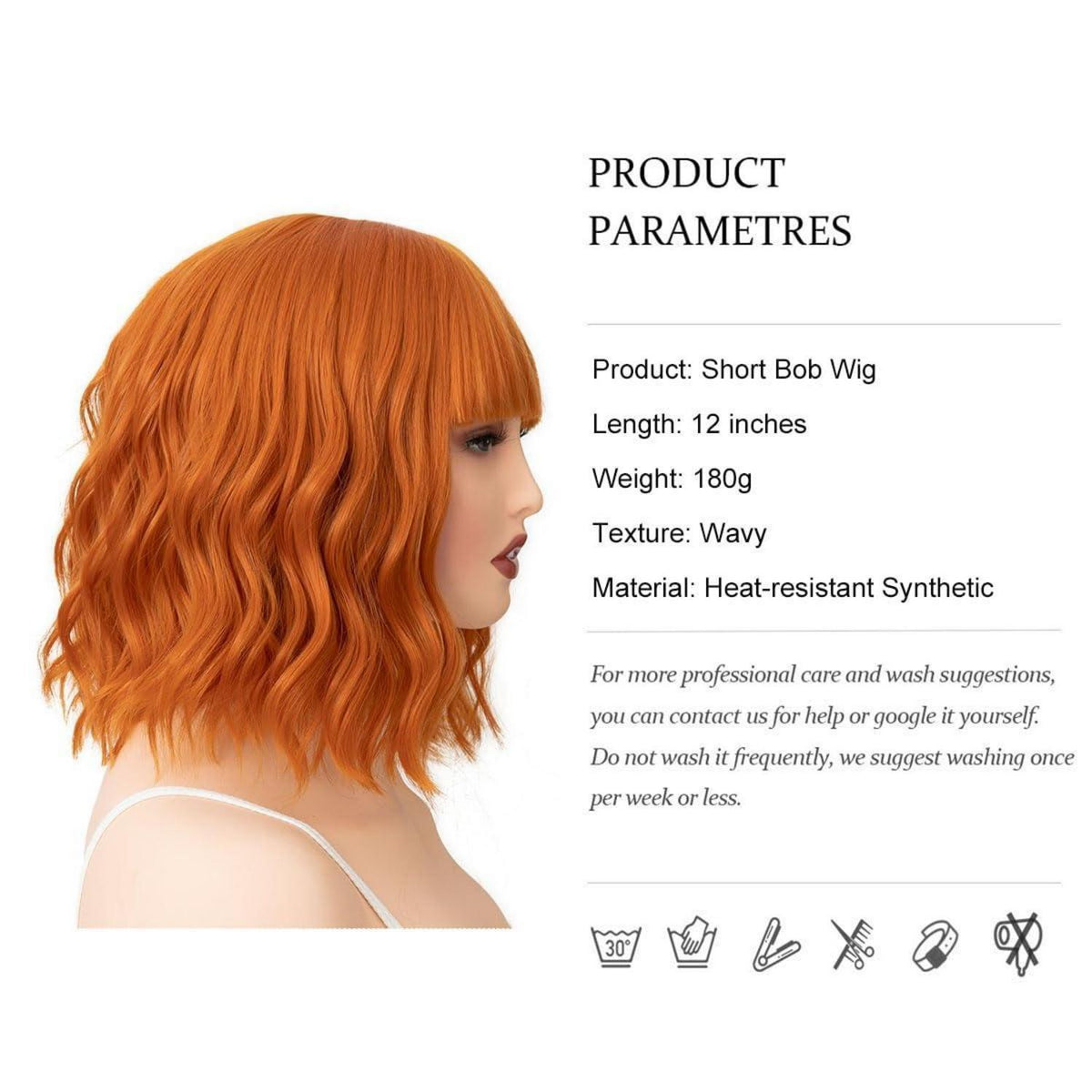 Orange Bob Perücke Damen mit Pony – Lockig & Gewellt